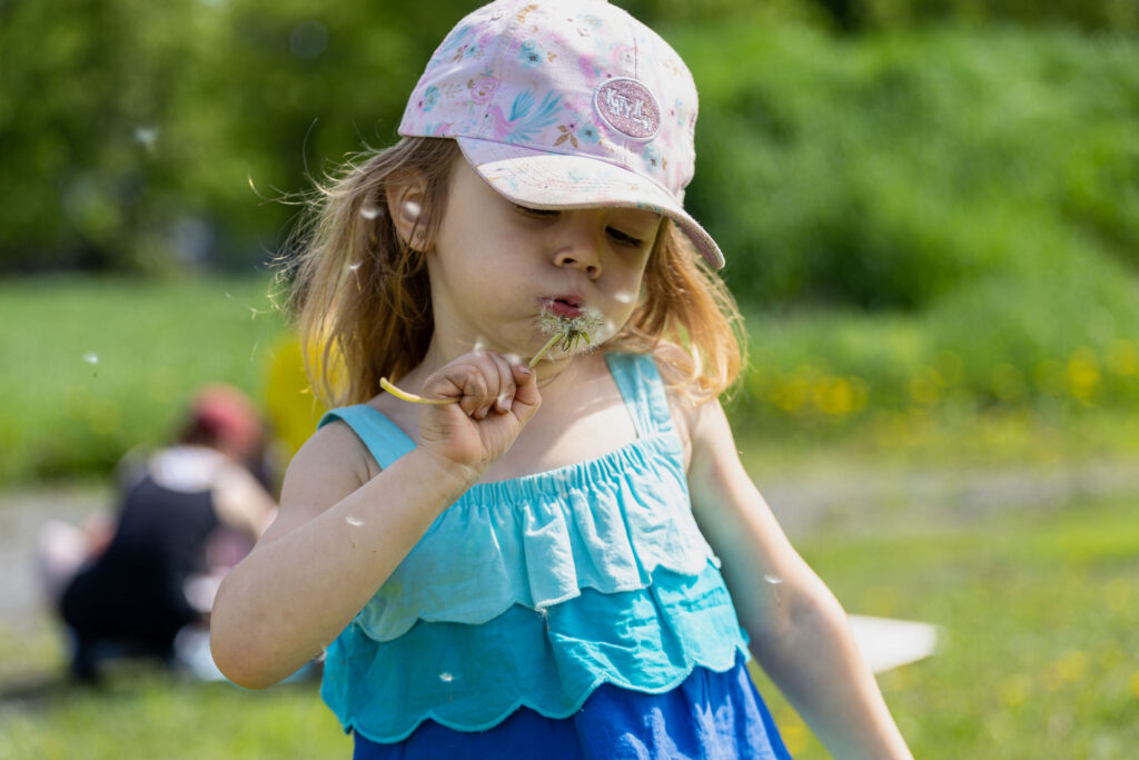 Photo d'une petite fille du CPE Flocon de rêve, à l'extérieur en été, soufflant sur un pissenlit